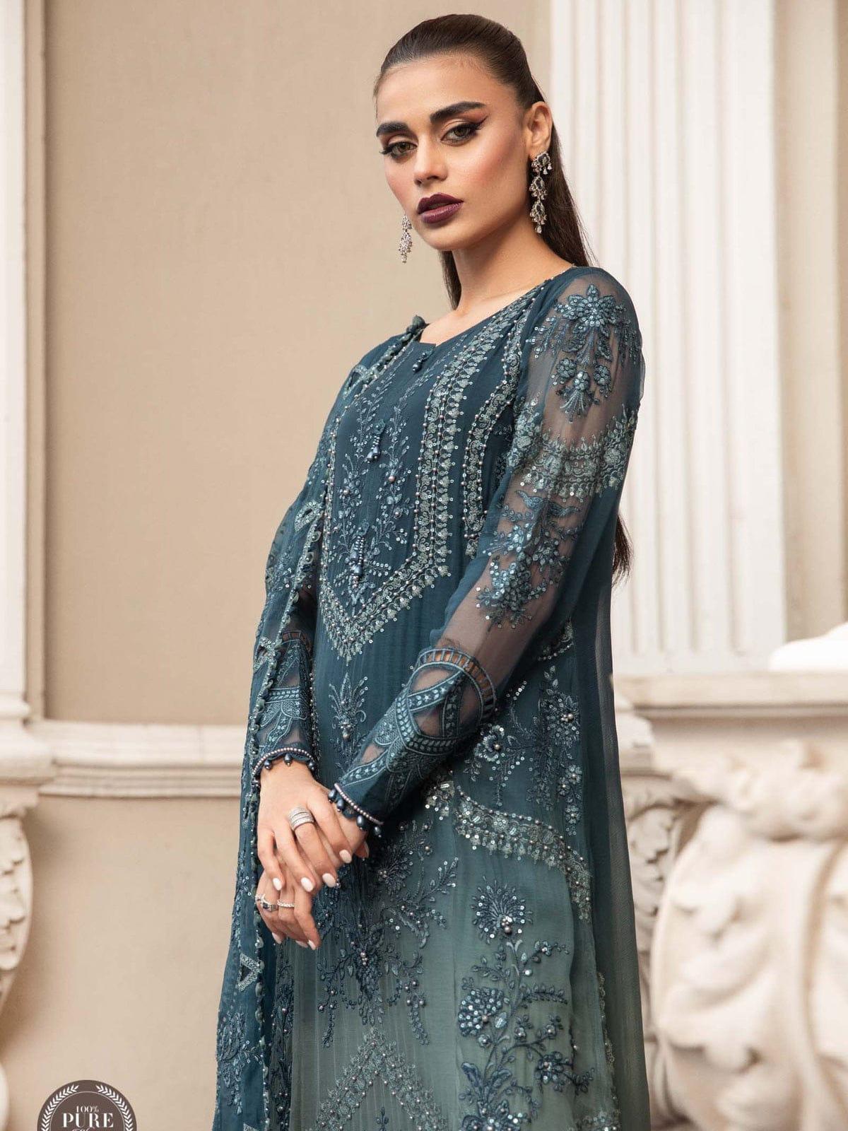 Maria B 3 piece Unstitched Chiffon | MPC-23-102 Teal Blue