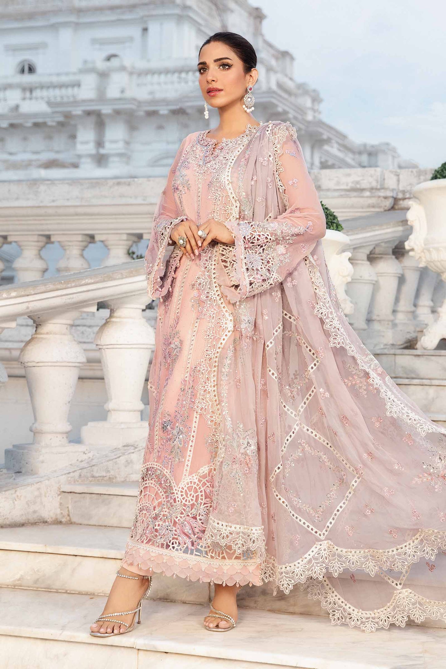 Maria B 3 piece Unstitched Embroidered Chiffon Suit | MPC-24-106 Baby Pink