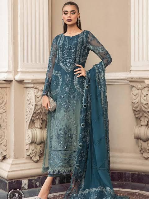 Maria B 3 piece Unstitched Chiffon | MPC-23-102 Teal Blue