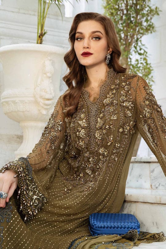 Maria B 3 Piece Unstitched Embroidered Chiffon Suit | MPC-24-108-Bronze