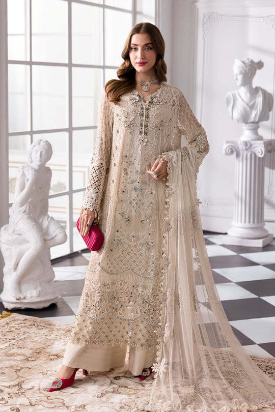 Maria B 3 Piece Unstitched Embroidered Chiffon Suit | BD-3007 Off White