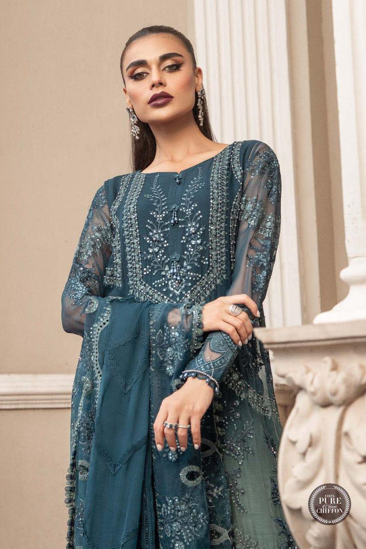 Maria B 3 piece Unstitched Chiffon | MPC-23-102 Teal Blue