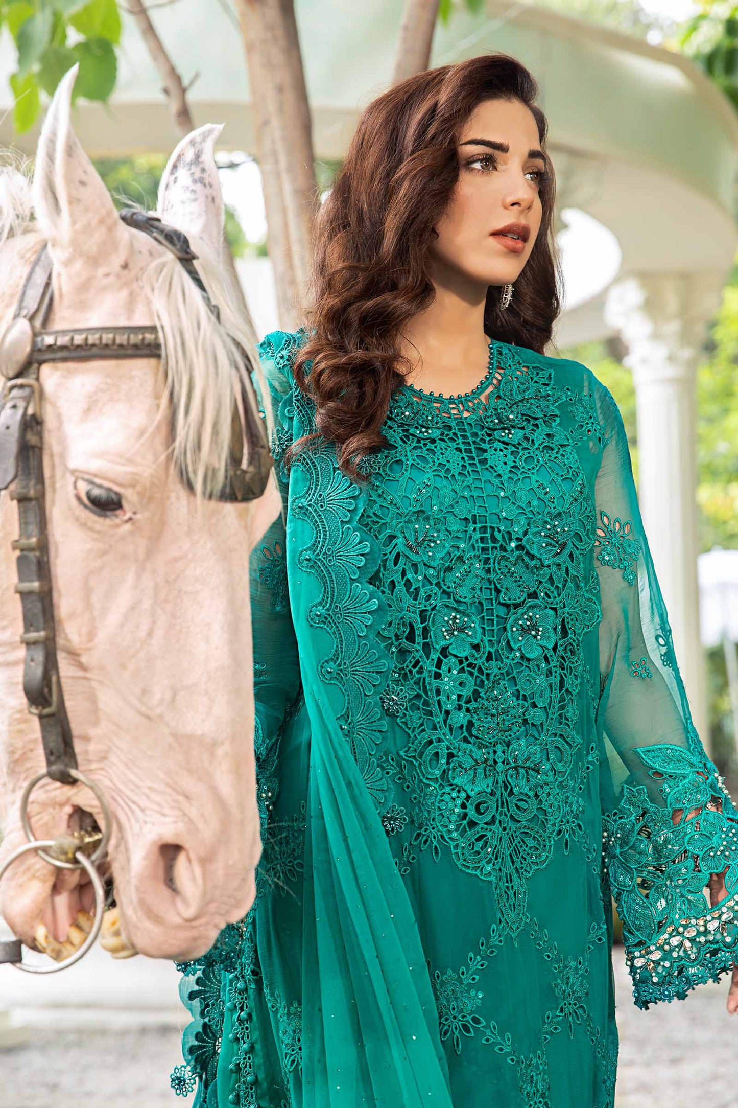 Maria B 3 Piece Unstitched Embroidered Chiffon Suit | MPC-24-105 Teal