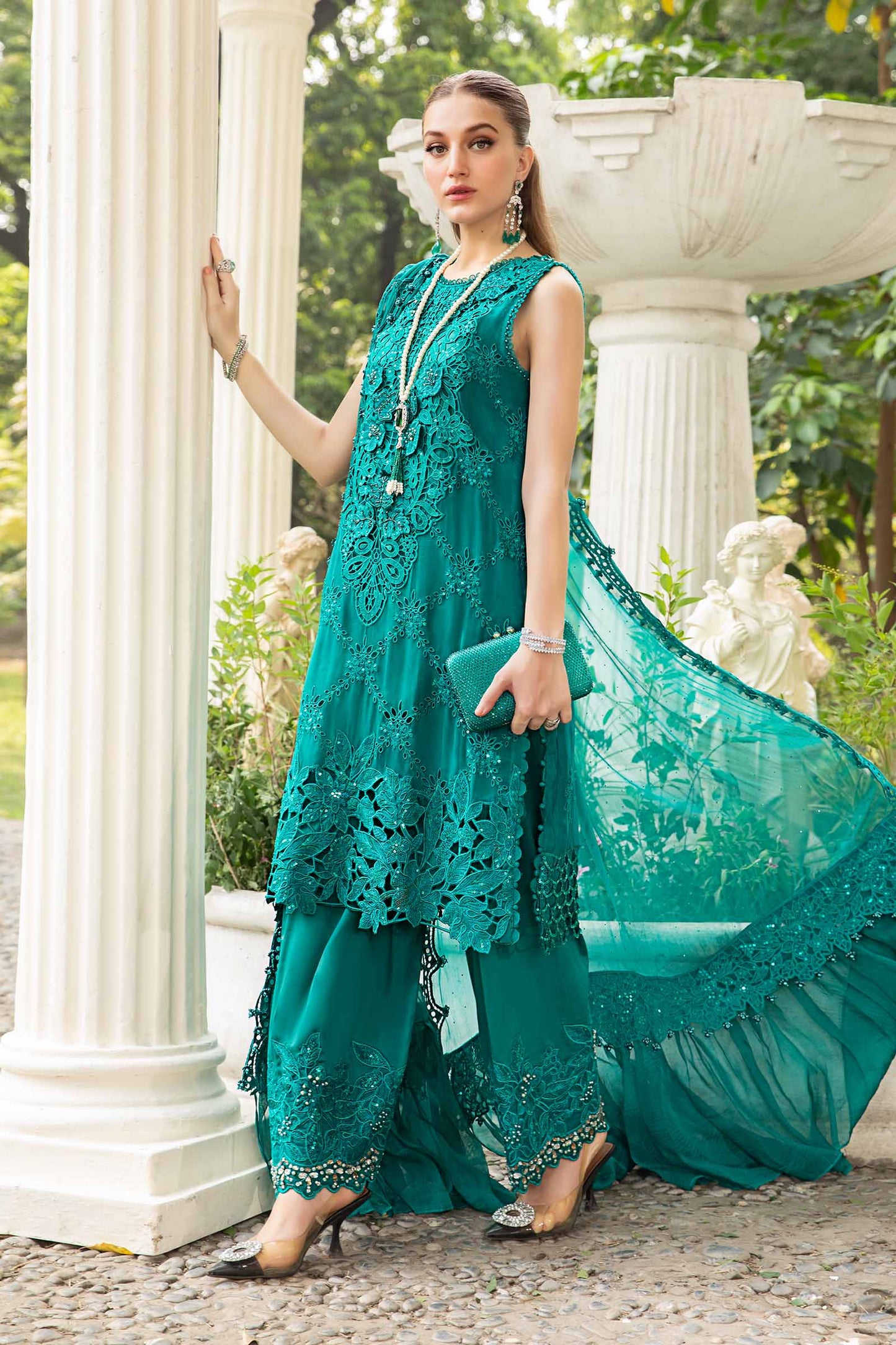 Maria B 3 Piece Unstitched Embroidered Chiffon Suit | MPC-24-105 Teal
