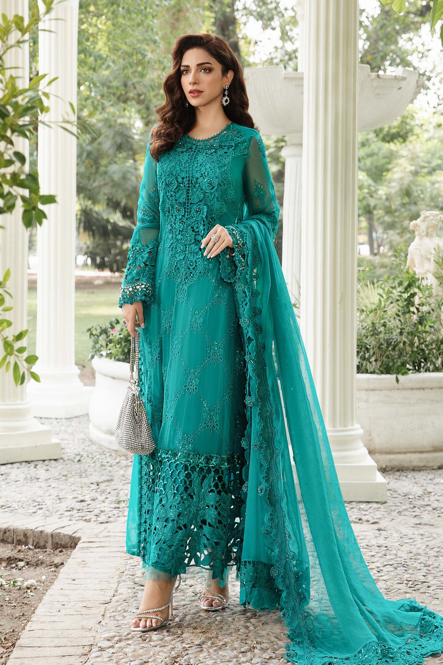 Maria B 3 Piece Unstitched Embroidered Chiffon Suit | MPC-24-105 Teal